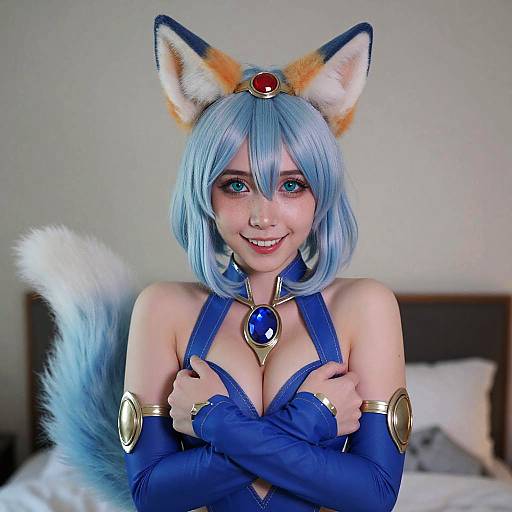 Photograph of a smiling woman in blue cosplay with fox ears, tail, and blue hair, wearing a revealing blue outfit with gold accents, crossing her