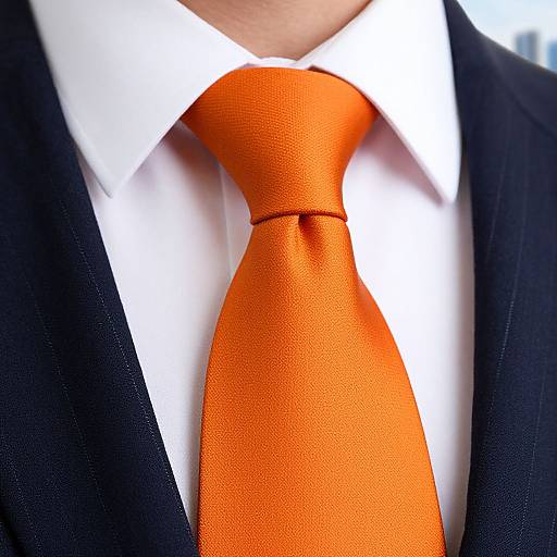 Close-up photograph of a man in a black suit with a crisp white shirt and vibrant orange tie, emphasizing the bright, contrasting tie against the formal attire