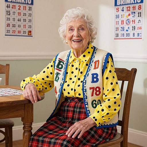 Photograph of an elderly woman with white curly hair, smiling, wearing a yellow polka dot blouse with colorful letters, and a red plaid skirt