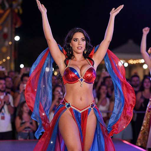 Photograph of a confident woman with dark hair, wearing a red and blue sequined bikini, and flowing fabric, arms raised, on a brightly lit
