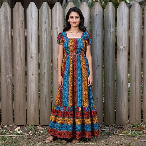 Photograph of a smiling South Asian woman with dark hair, wearing a vibrant, patterned blue and orange dress, standing in front of a wooden pick