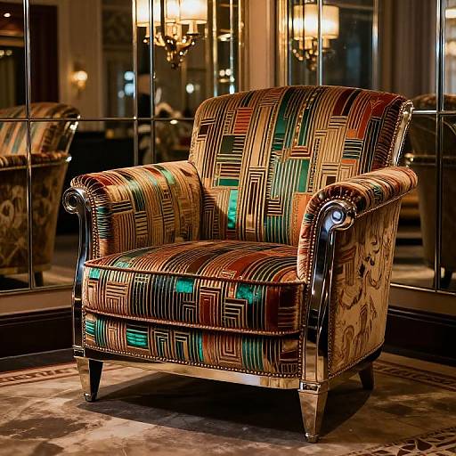 Photograph of a luxurious, patterned armchair with geometric designs in gold, green, and brown, set in a warmly lit, elegant room with
