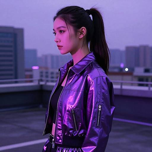 Photograph of a young Asian woman with long black hair in a ponytail, wearing a shiny purple leather jacket, standing on a rooftop at dusk,