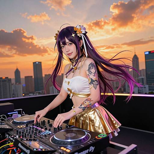 Photograph of an Asian woman cosplaying as a DJ with long black-purple hair, white crop top, gold skirt, tattoos, and flower headpiece