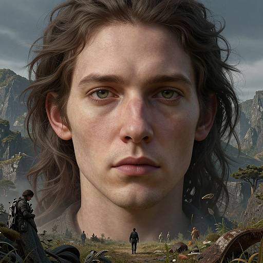 Digital artwork: Close-up of a serious, fair-skinned man with long brown hair, green eyes, set against a mountainous, fantasy landscape with