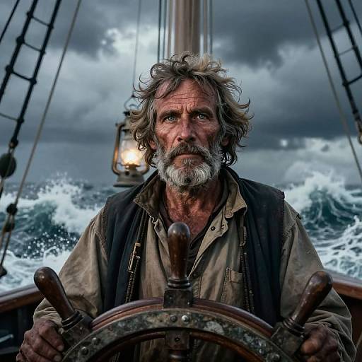 Photograph of a rugged, bearded old man with wild grey hair, wearing a worn jacket, gripping a ship's wheel in turbulent, stormy