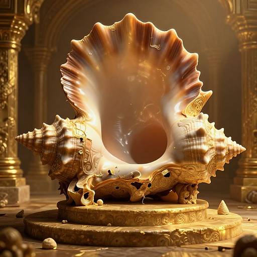 Glowing, intricately carved shell throne with golden accents, set in an opulent, ancient temple-like room. Digital art, fantasy style.