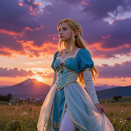Digital fantasy artwork of a blonde elf woman in a blue and white dress, standing in a sunset field with a mountain background.