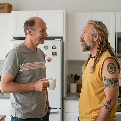 Two Men Sharing Moments in a Kitchen