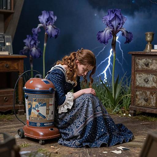 Photograph of a sad Victorian girl in a blue patterned dress, sitting by a vintage washing machine, surrounded by purple irises and a lightning strike