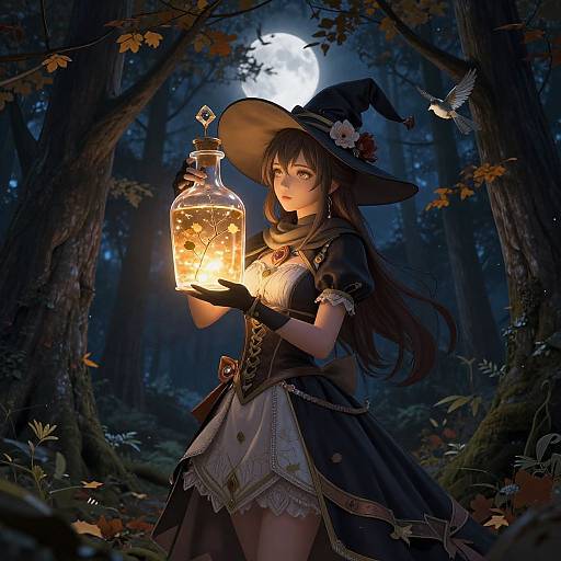 Digital anime-style artwork of a young witch with long brown hair, wearing a black hat and dress, holding a glowing lantern in a dark, moonlit