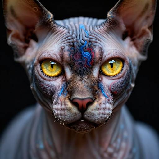 Digital artwork of a hyper-realistic, albino cat with glowing yellow eyes, intricate blue and red tribal patterns on its face, and a focused expression