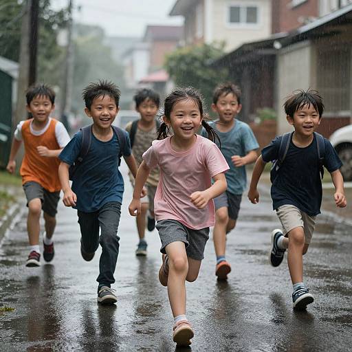 Joyful Kids Running in Rain