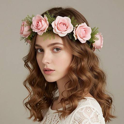Photograph of a young woman with wavy brown hair, wearing a white lace top, and a pink rose flower crown against a gray background.