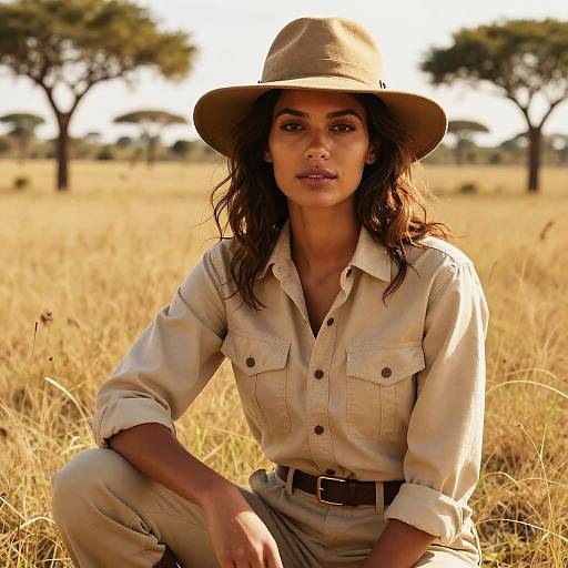 Photograph of a confident woman with olive skin, brown eyes, and wavy dark hair, wearing a beige safari hat and shirt, seated in a