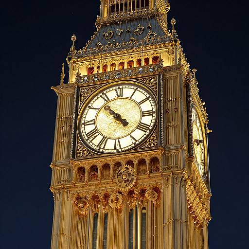 Photograph of the illuminated Elizabeth Tower (Big Ben) clock face against a dark night sky, showcasing detailed gold and white ornate architecture.