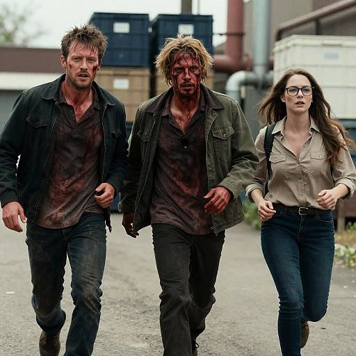 Three Bloodied Individuals Running Outdoors