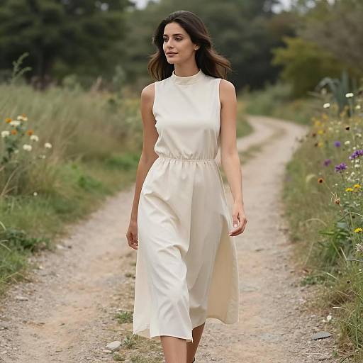 Woman in Cream Midi Dress Walking on Dirt Path