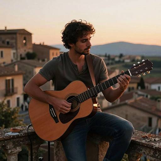 Photograph of a curly-haired, bearded man in a gray shirt and jeans, playing an acoustic guitar on a rooftop at sunset, with a village