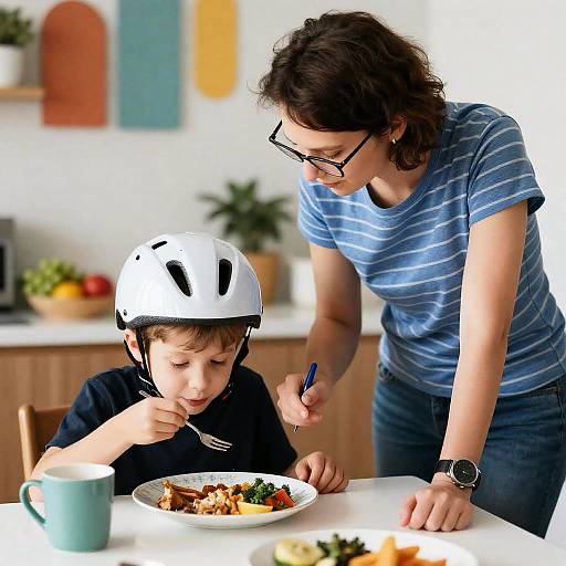 Mother Helping Son Eat at Kitchen Table
