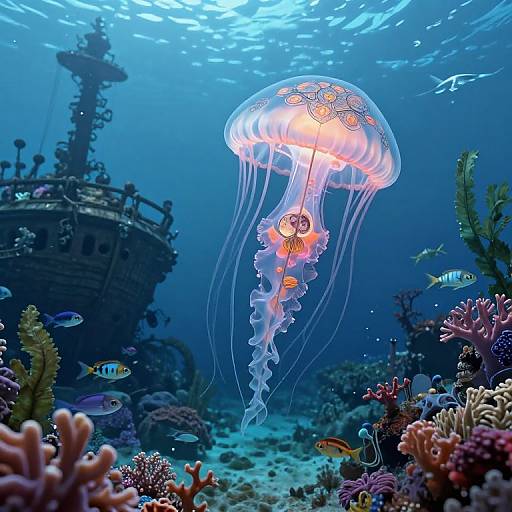 Photograph of a glowing jellyfish with orange accents, floating above a sunken ship and colorful coral reef in a deep blue ocean.