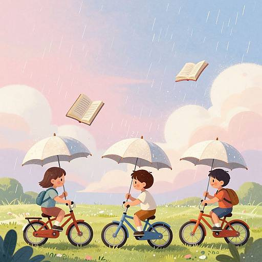 Digital illustration: Three children with backpacks ride bicycles under white umbrellas, rain falling, with floating open books in the sky.