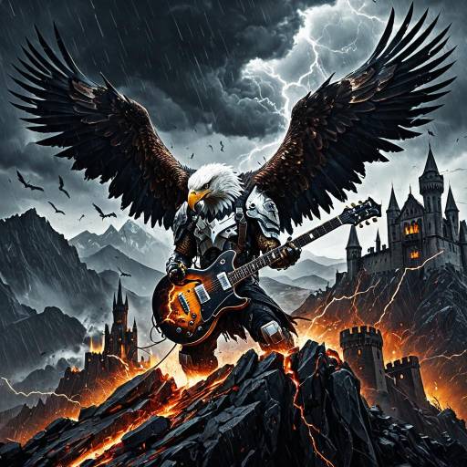Cyborg Eagle Rocking Molten Guitar on Stormy Mountain