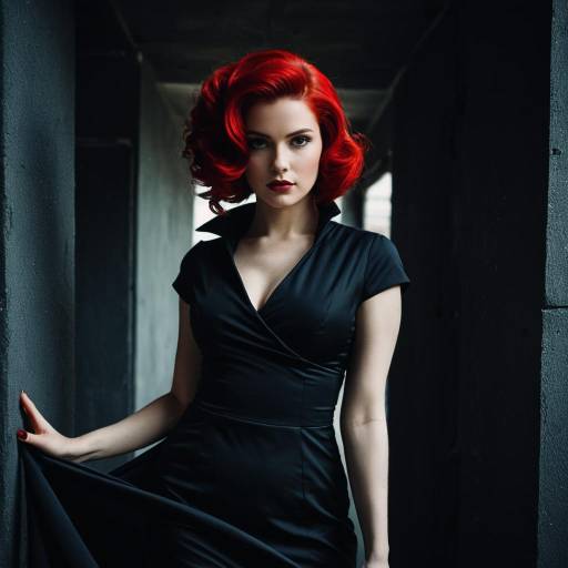 Woman in Vintage Style Dark Dress with Red Hair