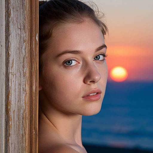 Photograph of a fair-skinned young woman with blue eyes, light brown hair, and delicate features, peeking from a wooden frame at a vibrant