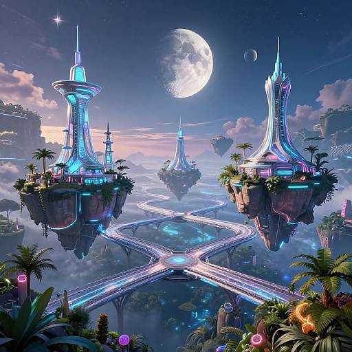 Digital art: Futuristic cityscape with floating, neon-lit islands, glowing roads, moon and planet in night sky, palm trees, and vibrant