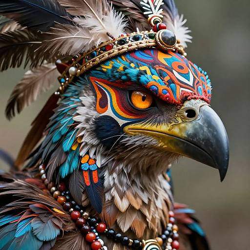 Photorealistic digital artwork of a colorful, ornately feathered bird with vibrant blue, red, and orange patterns, wearing beaded jewelry and a