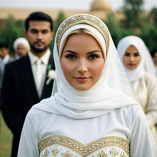 Muslim Bride in White and Gold Wedding Dress