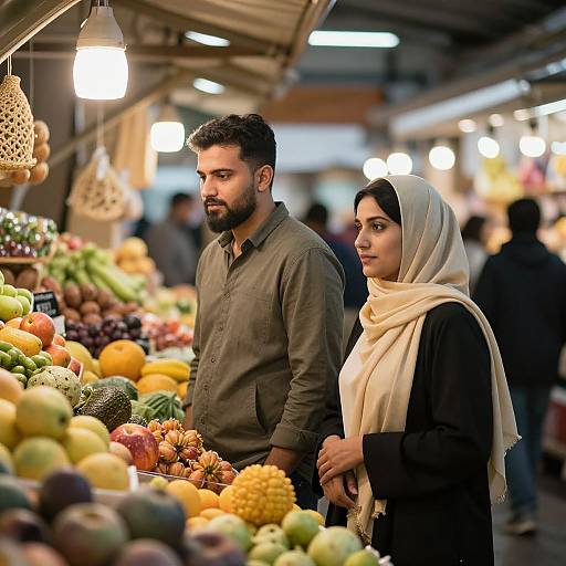 Photograph of a bearded man in a green shirt and a woman in a black top and white hijab standing at a vibrant market stall with colorful