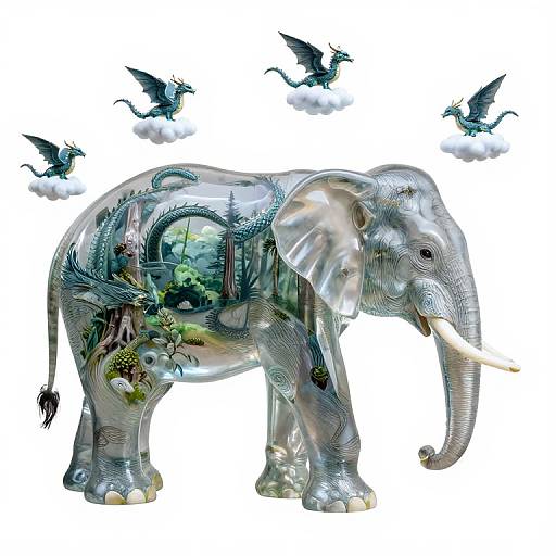 Digital art of a transparent elephant with intricate green and blue forest scenes inside, surrounded by flying black birds.