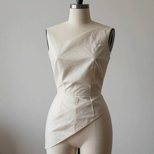Photograph of a white, sleeveless, one-shoulder dress on a beige dress form against a plain gray background. The dress has a sleek