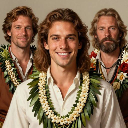 Photograph of three Caucasian men with wavy hair and beards, wearing white shirts and floral leaf leis, smiling closely together.