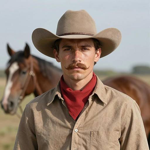 Young Cowboy with Horse in Background