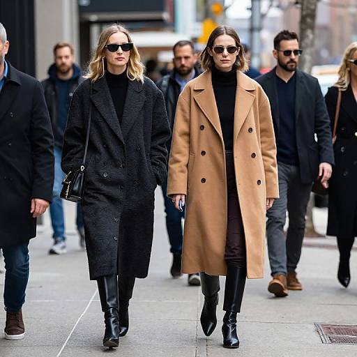 Photograph of two stylish women walking on a city street; one in a black coat, the other in a tan coat, both wearing sunglasses, black