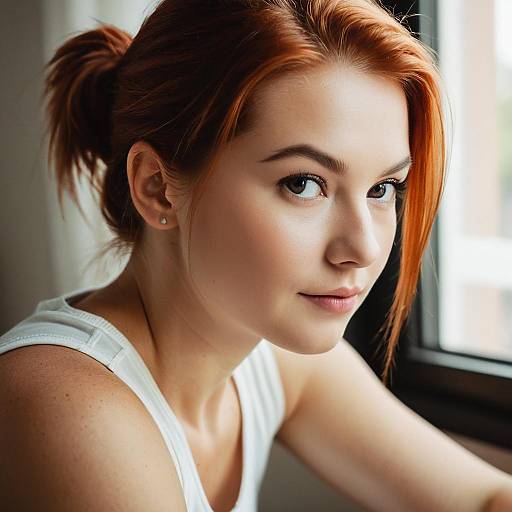 Photograph of a young woman with fair skin and red hair in a ponytail, wearing a white tank top, looking thoughtfully out a window.