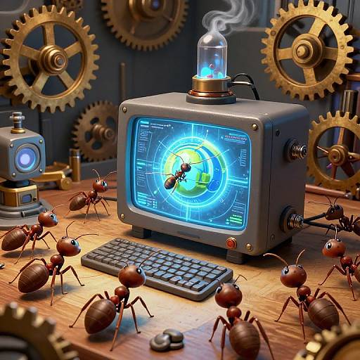 Steampunk-style CGI image: glowing blue TV screen with clock-like interface, surrounded by mechanical gears and small, brown, animated ants on a wooden