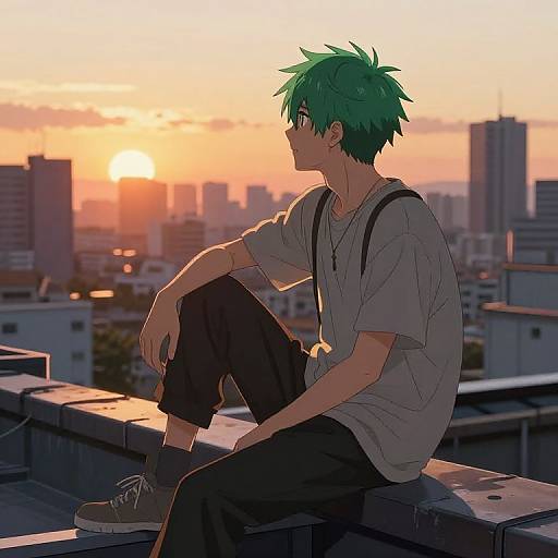 Anime-style digital drawing of a green-haired boy with spiky hair, wearing a loose shirt and black pants, sitting on a rooftop at sunset with a