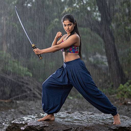 Indian Woman with Japanese Sword in Rain