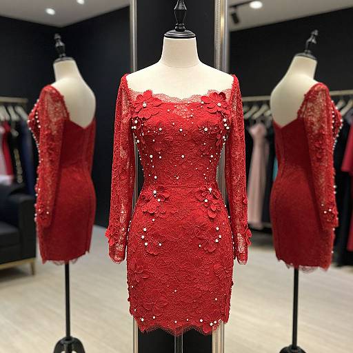 Photograph of a red, sequined, long-sleeve dress displayed on a mannequin in a brightly lit fashion store, with mirror reflections