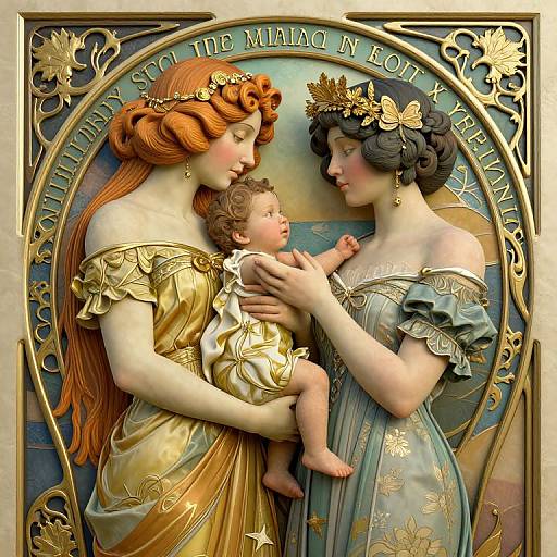 Art Nouveau-style painting of two fair-skinned women with elaborate hairstyles, one in gold and the other in blue, holding a baby between them,