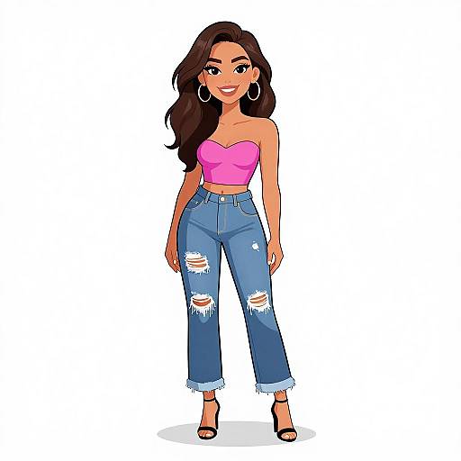 Digital illustration of a smiling woman with long dark hair, wearing a pink strapless top, ripped blue jeans, and black heels.