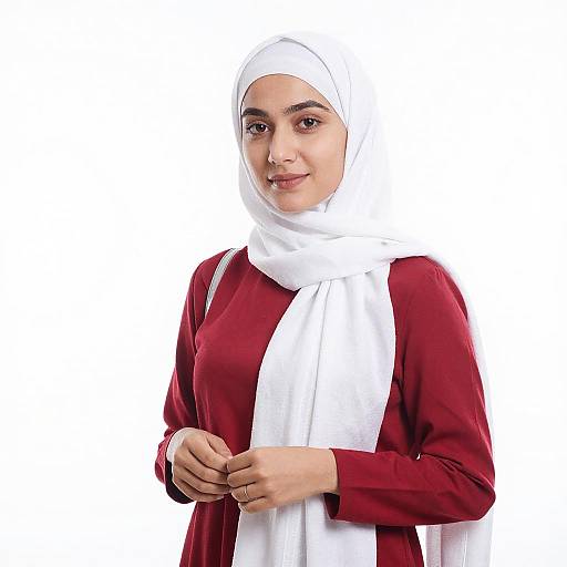 Young Woman in White Hijab and Red Outfit