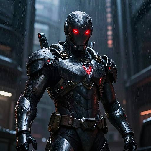 Photorealistic CGI of a rain-soaked, glowing-red-eyed, black armored superhero with a futuristic design, standing in a dimly lit, wet