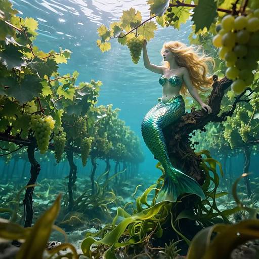 Digital artwork: Mermaid with green scales and flowing blonde hair, perched on a sunlit grapevine underwater, surrounded by lush greenery and sunlight