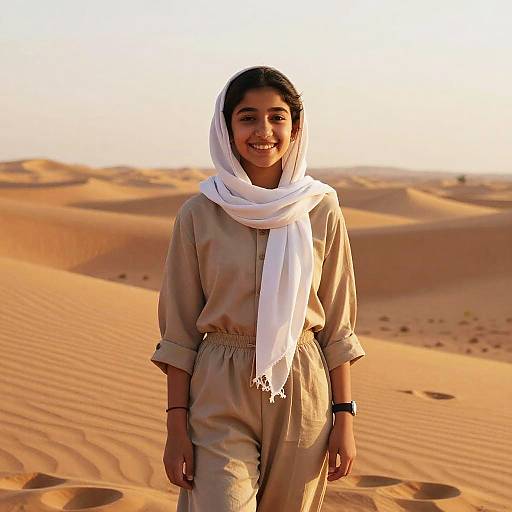 Photograph of a smiling young woman with medium brown skin, wearing a beige traditional outfit and white scarf, standing in a sunlit desert with golden sand