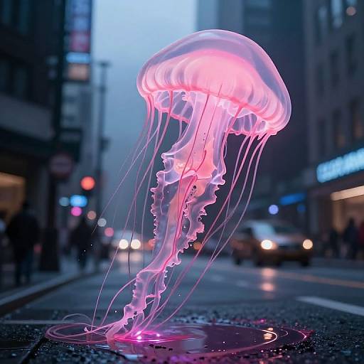 Photograph of a glowing pink and purple jellyfish floating on a city street at dusk, with blurred buildings and lights in the background.
